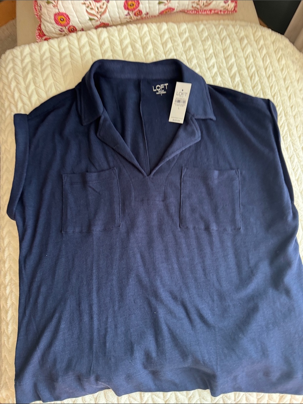 LOFT Navy Blue Short-Sleeve Polo with Chest Pockets